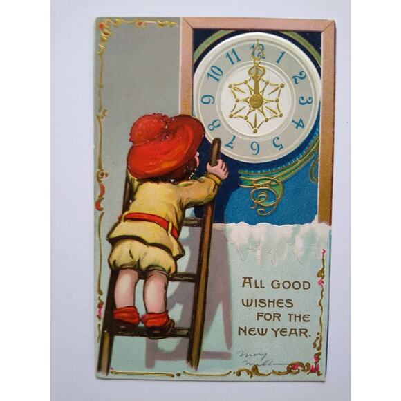 New Year Postcard Child Reaching For Clock Newfield NY Tuck Series 145 Vintage - Picture 4 of 4